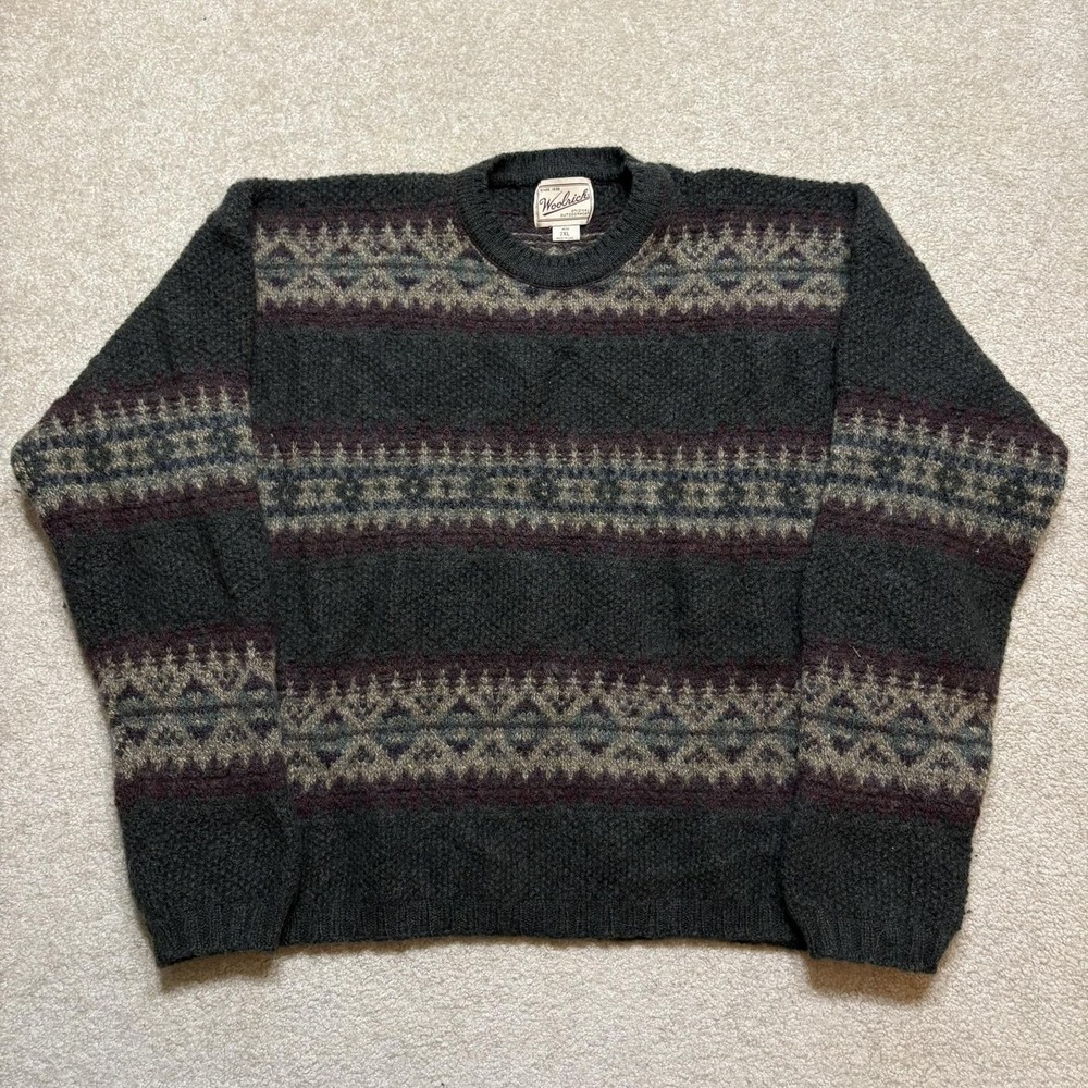 Vtg Woolrich Sweater Mens 2XL Gray Fair Isle Wool Knit Crewneck Pullover USA